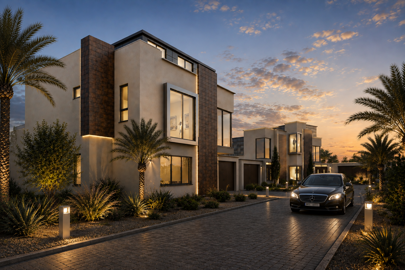 Contemporary Gulf villas at dusk